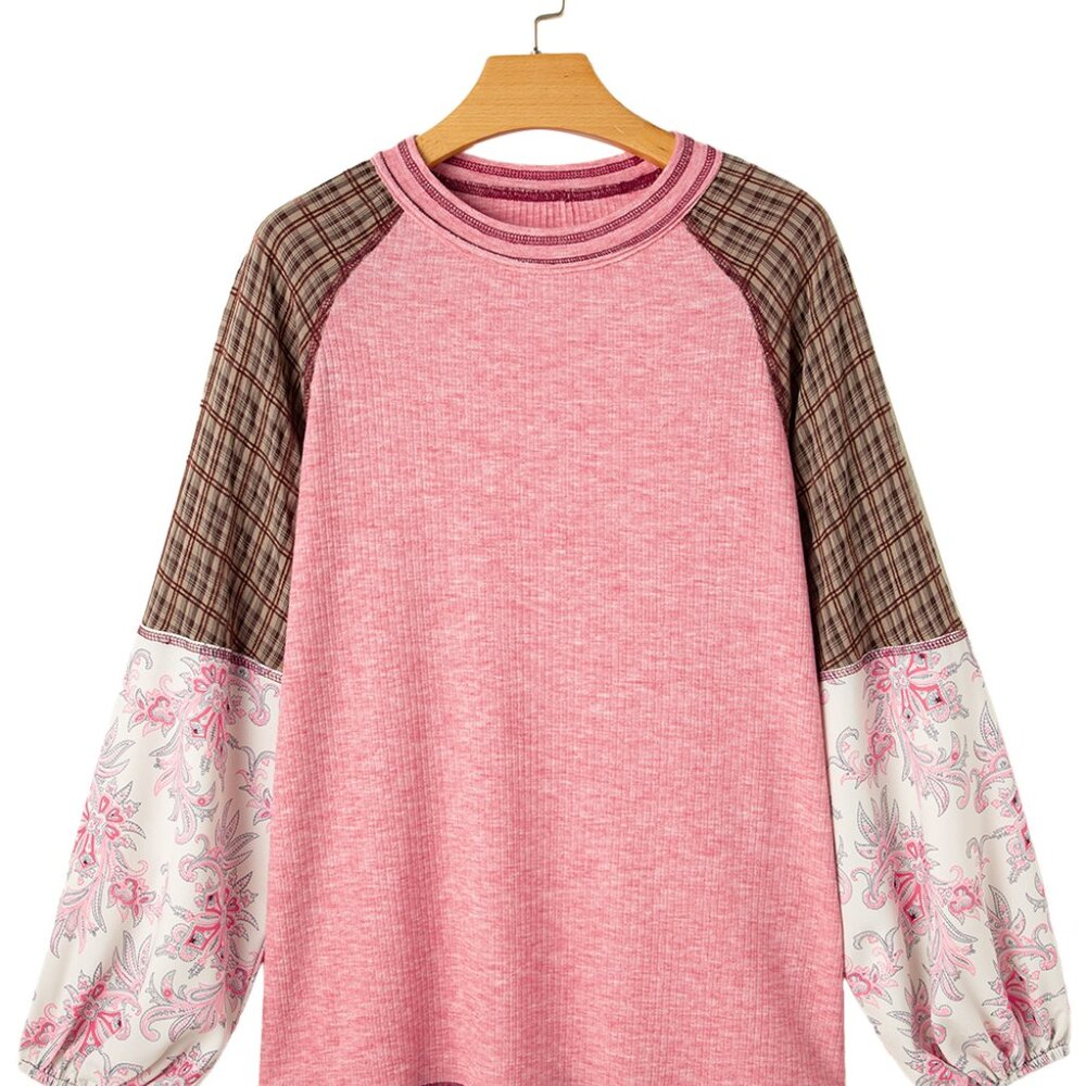B217 Fushia Floral Plaid Mixed Print Patchwork Raglan Ribbed Top - Picture 2 of 5